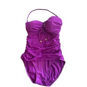 Lauren Ralph Lauren  Purple ruched halter lace-up slimming one-piece swimsuit 8
